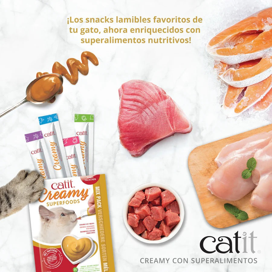 Snack con superalimentos para gatos de salmón, quinoa y espirulina Creamy Superfood 4 x 10 g Catit
