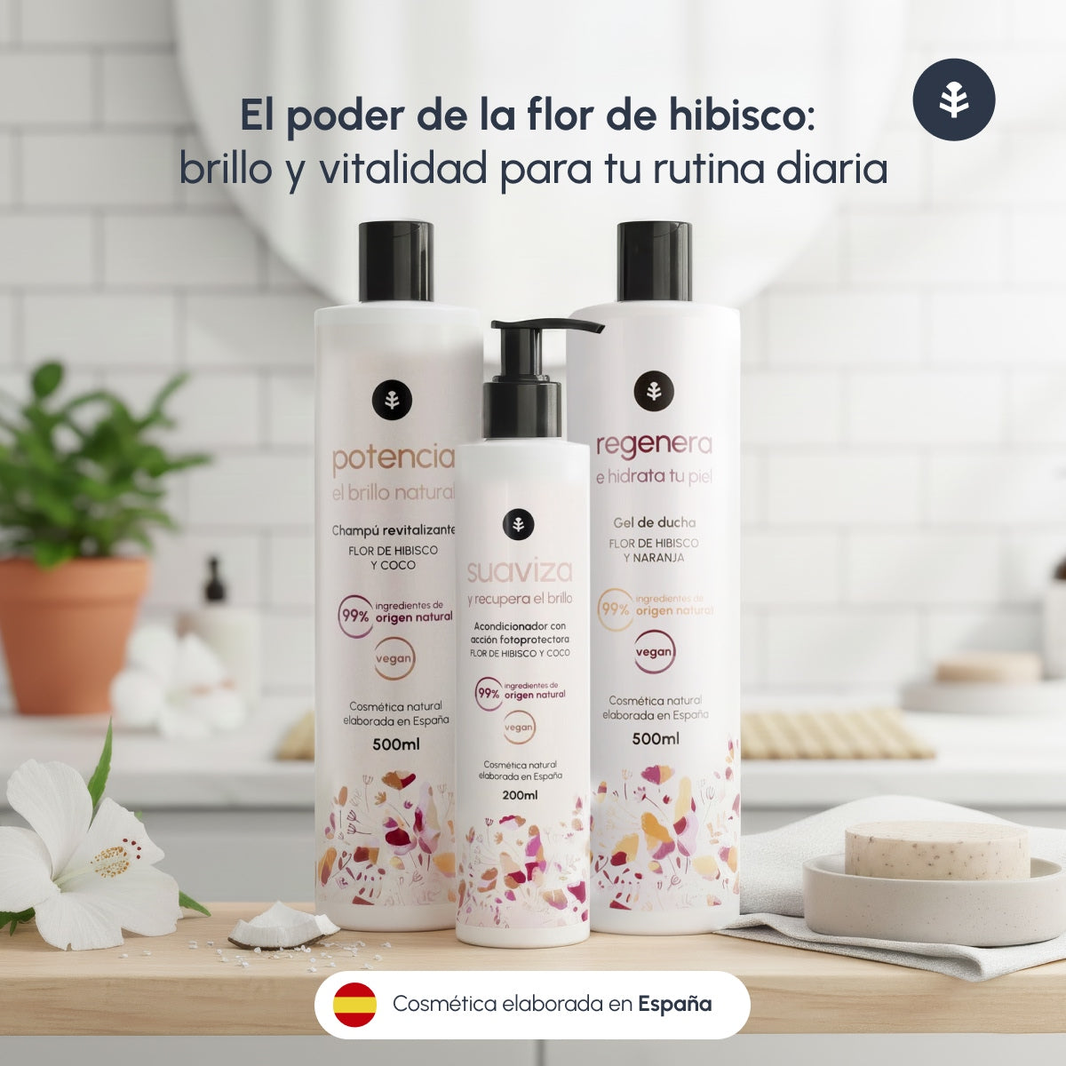 Pack Flor de Hibisco: Champú potenciador de brillo 500 ml + Gel de ducha 500 ml + Acondicionador recuperador de brillo 200 ml Planeta Huerto