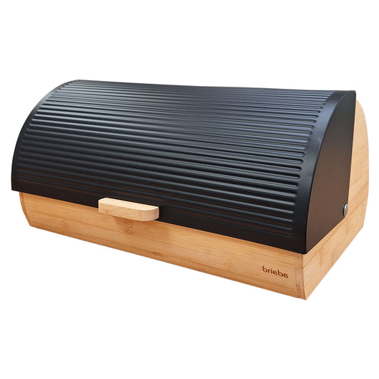 Panera Para Guardar Pan De Mesa Madera Bambú, Tapa Deslizante Bread Box Almacenamiento Bollería, Briebe, Bb1162, Negro_0