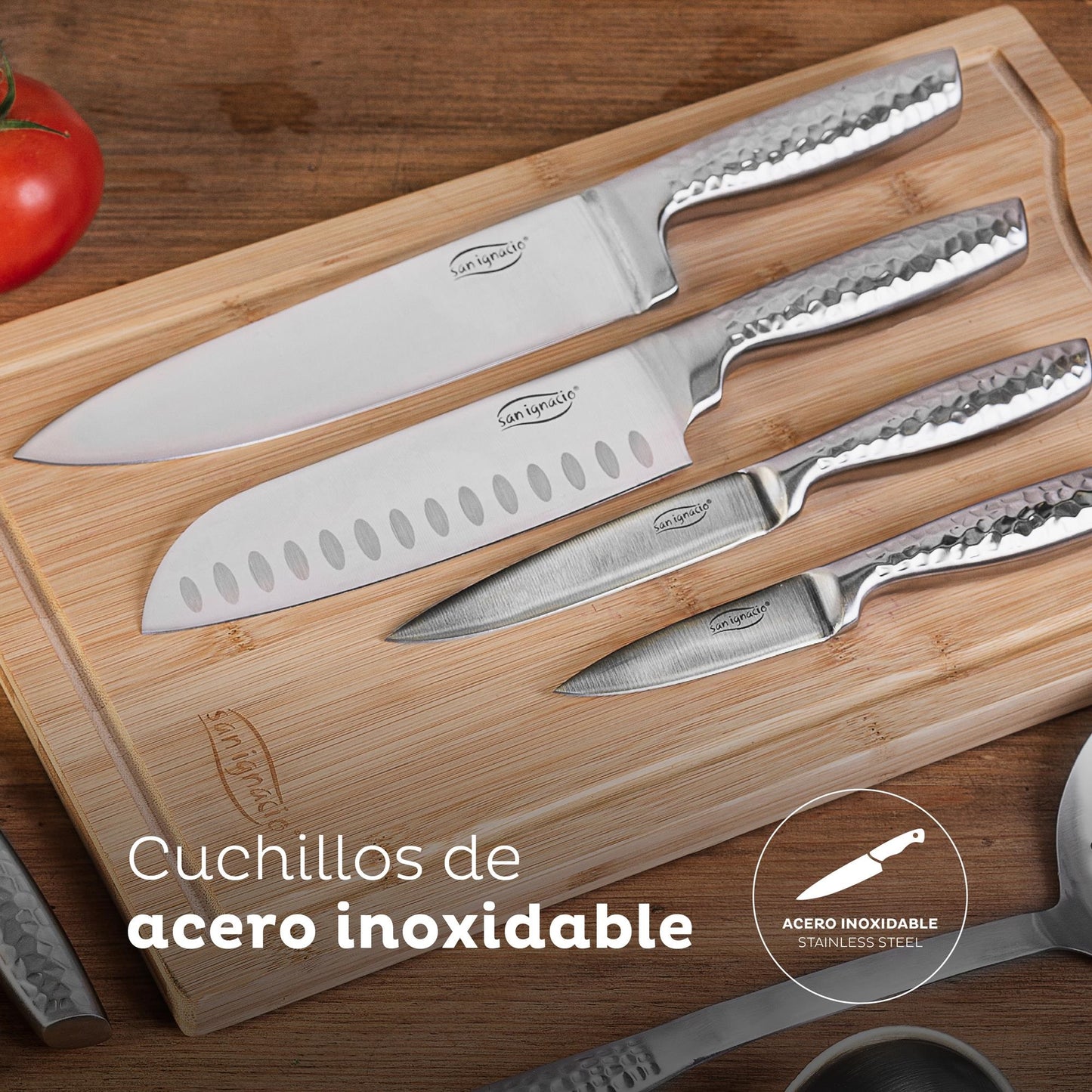 Set De 4 Cuchillos De Cocina Y Tabla De Cortar De Bambú San Ignacio_3