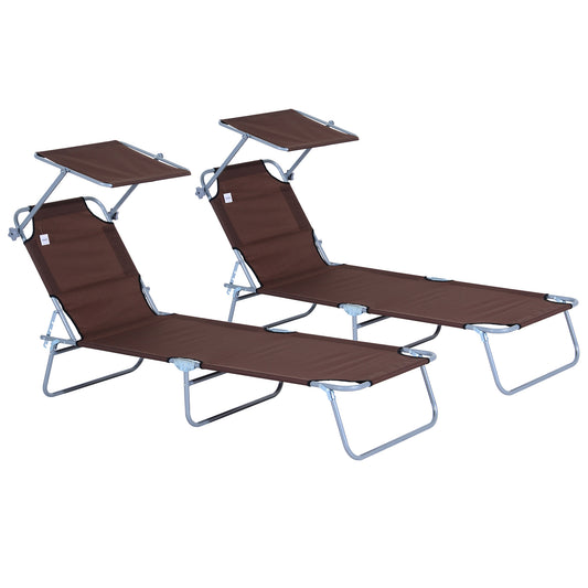 Outsunny Conjunto De 2 Tumbonas Plegables Con Toldo 187x58x36 Cm Marrón_0