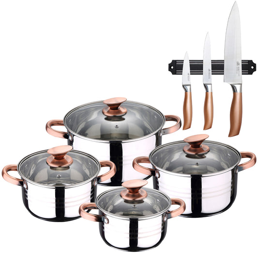 Batería de Cocina San Ignacio Altea 8 Pzas Acero Inoxidable Apta para Inducción + Set de 3 Cuchillos con Barra Magnética_0
