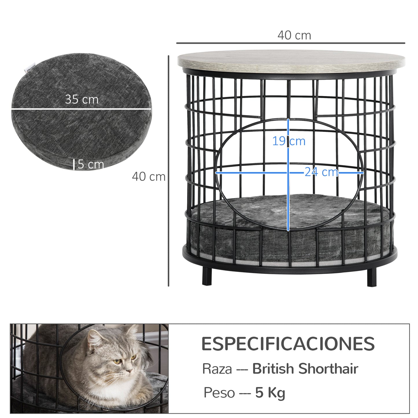 Pawhut Mesa Auxiliar Cama Para Gatos Con Orificio Cojín Desmontable 40x40x40cm_2