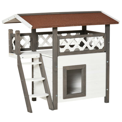 Pawhut Caseta Para Gatos De Madera 77x50x73cm Con Techo Terraza Vallada Blanco_0