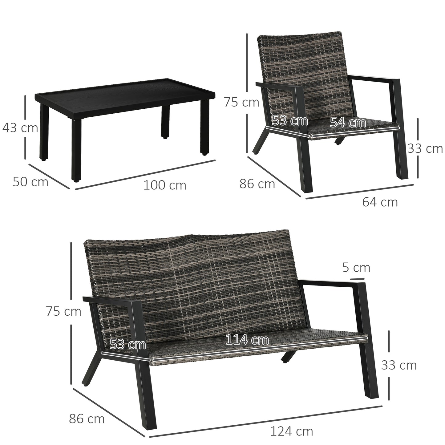 Outsunny Conjunto De Muebles De Jardín De Ratán 4 Piezas Con Sofás Y Mesa Negro_2