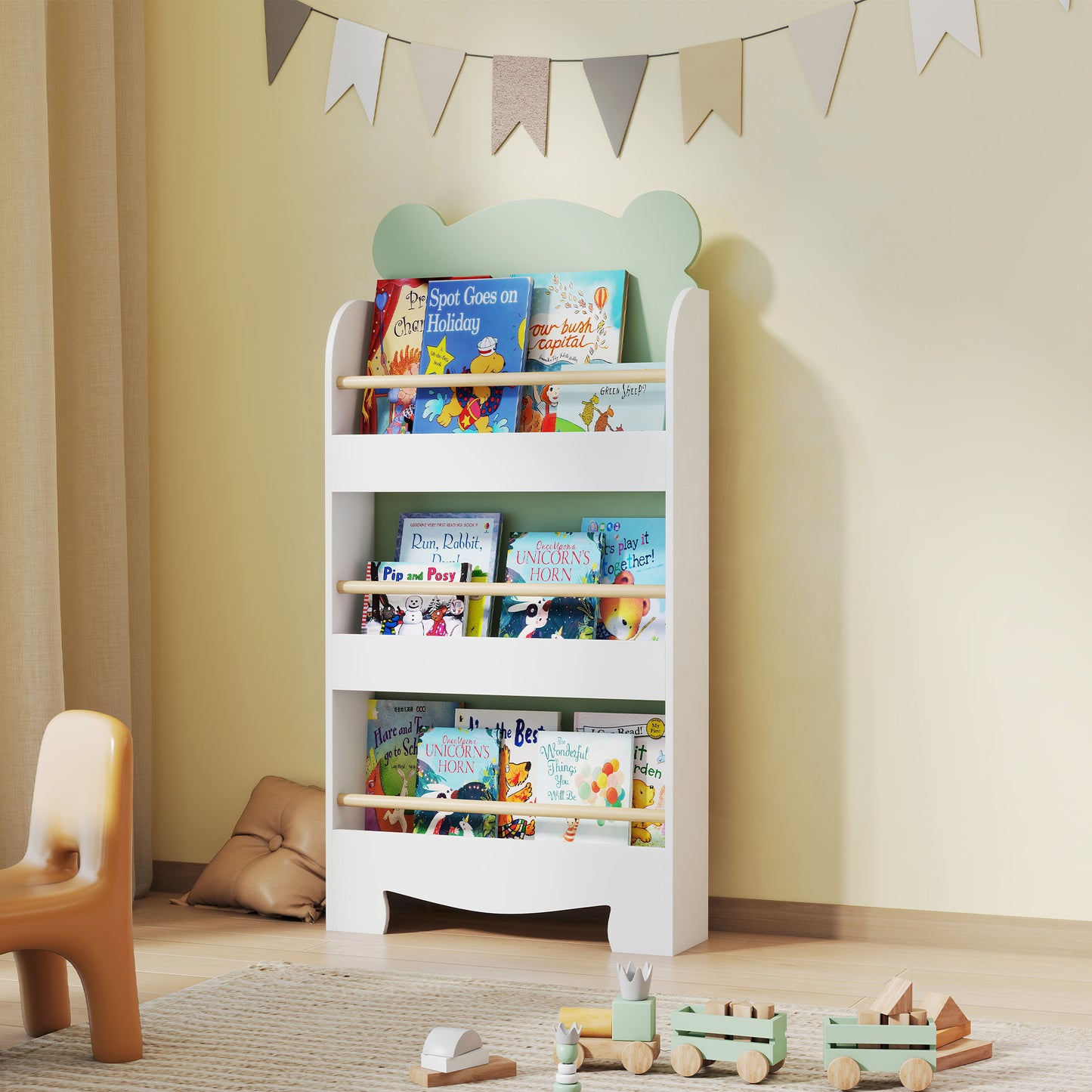 Aiyaplay Librería Infantil De 3 Niveles Diseño De Osito Verde_1