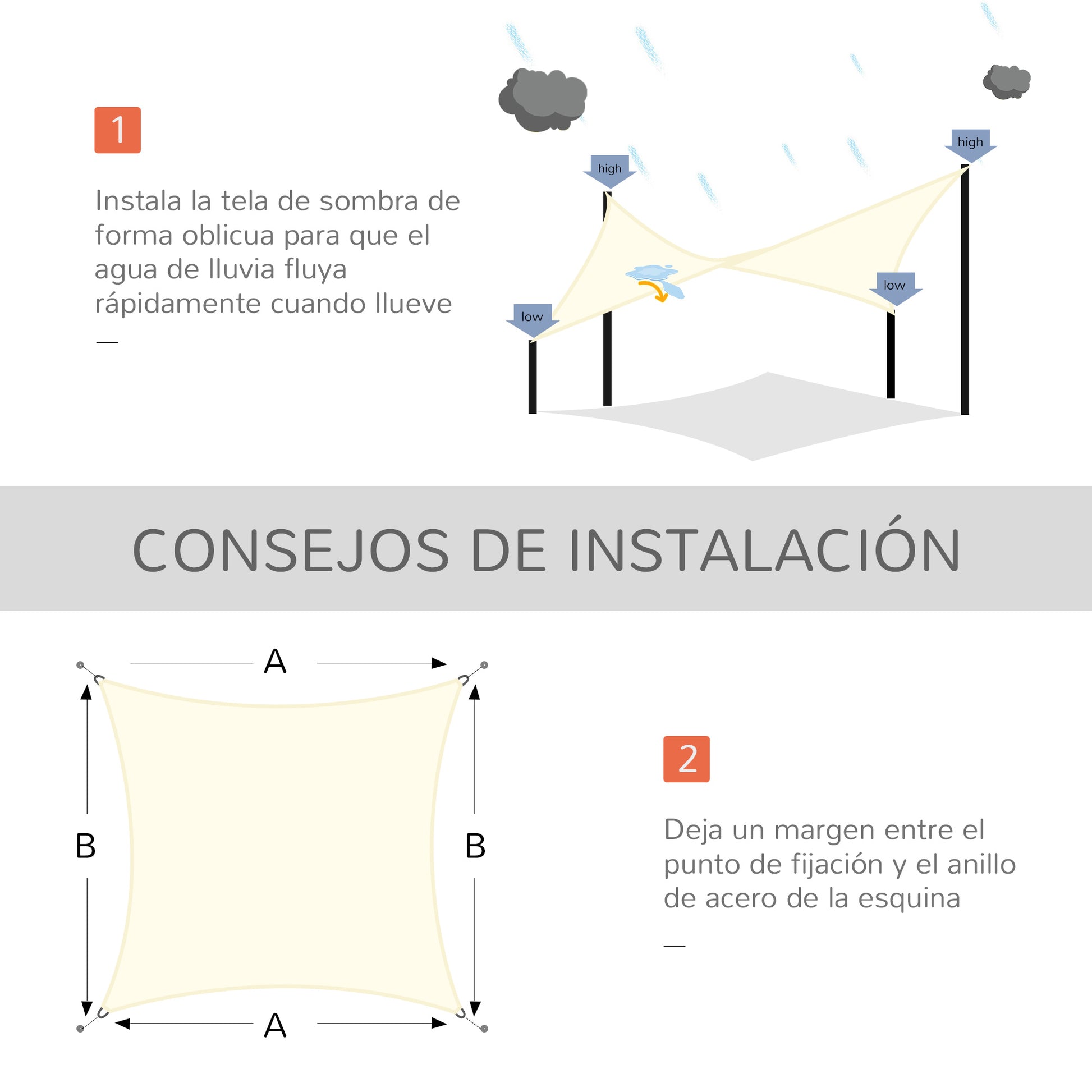 Toldo Vela De Sombra Cuadrado 3x3 M Con Anillo De Acero Inoxidable Crema_5