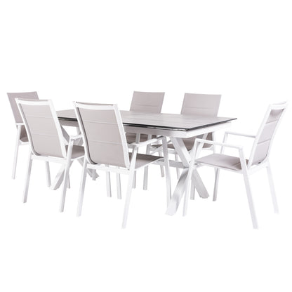Conjunto De Mesas Y Sillas Acolchadas De Terraza, Mesa Extensible 180 A 240 Cm, Aluminio Y Hpl, Color Blanco_0