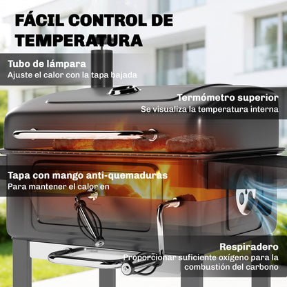Outsunny Barbacoa De Carbón Con Gran Parrilla Bandeja Ajustable Estantes Ruedas_5