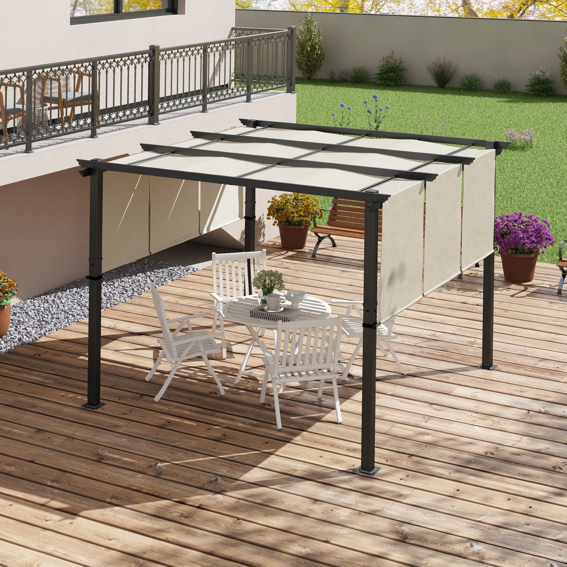 Outsunny Pérgola De Jardín 3x3 M Con Techo Retráctil Marco De Acero Beige_4