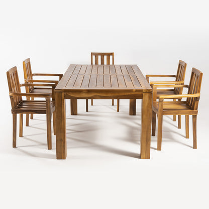 Conjunto De Jardín De Madera Teca, Mesa De 180 Cm De Largo Y 6 Sillones Apilables, Madera Teca Grado A, Tratamiento Al Agua Aplicado_3