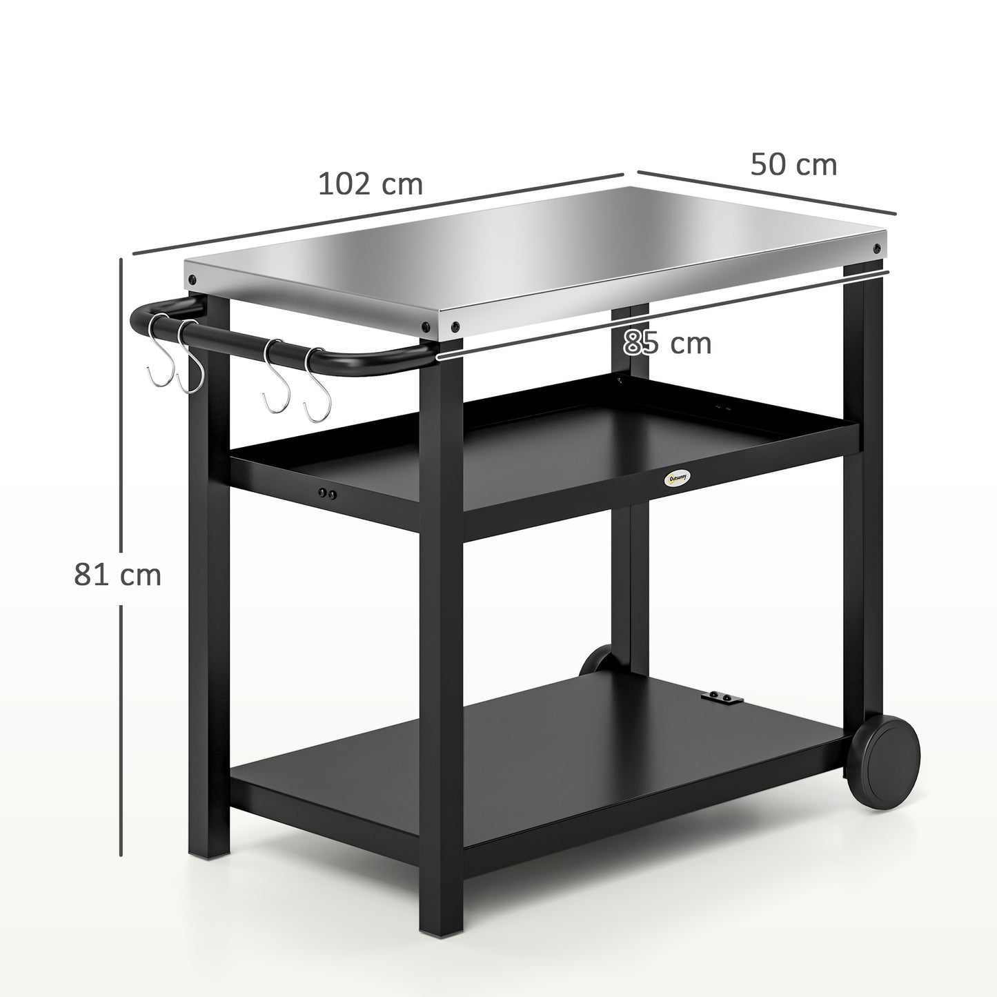 Outsunny Carrito De Parrilla De 3 Niveles Con 2 Ruedas Estantes Y Asa Gris_2