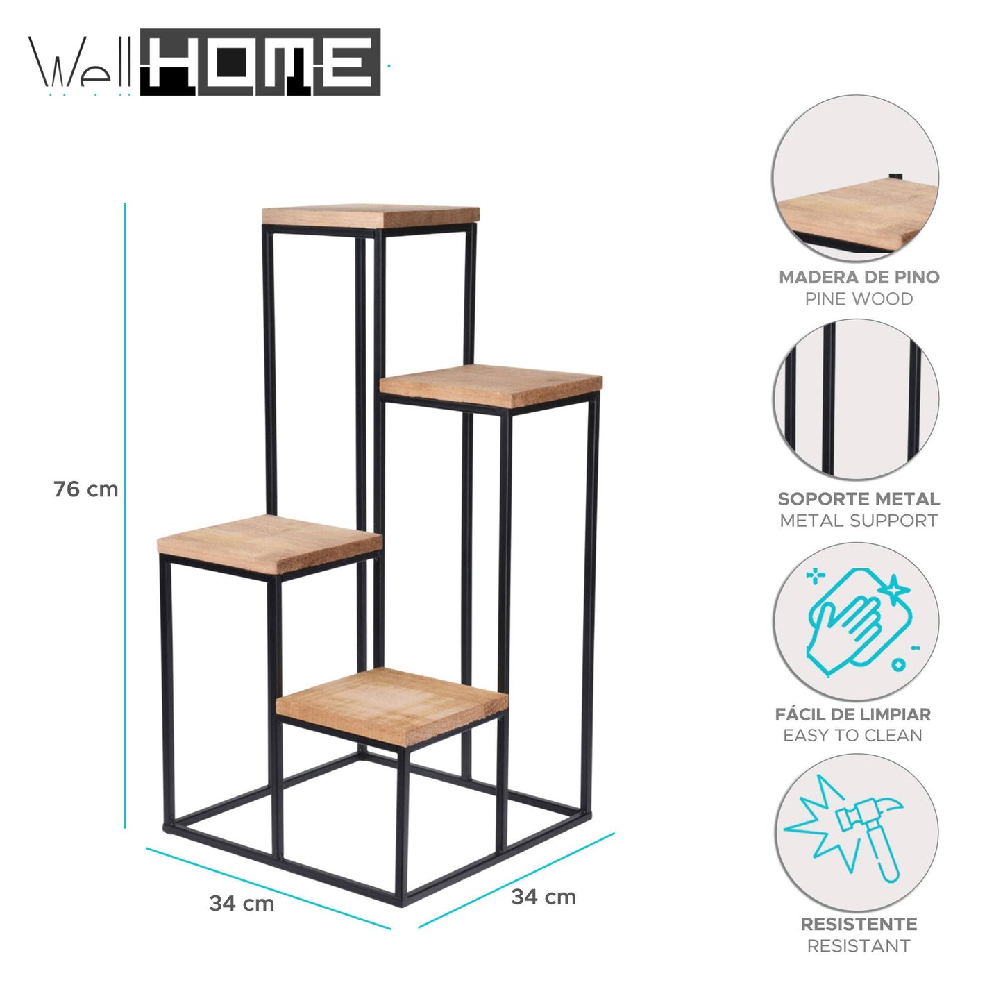 Well Home Estantería Florero De Metal Con 4 Estantes En Madera 34x34x76cm