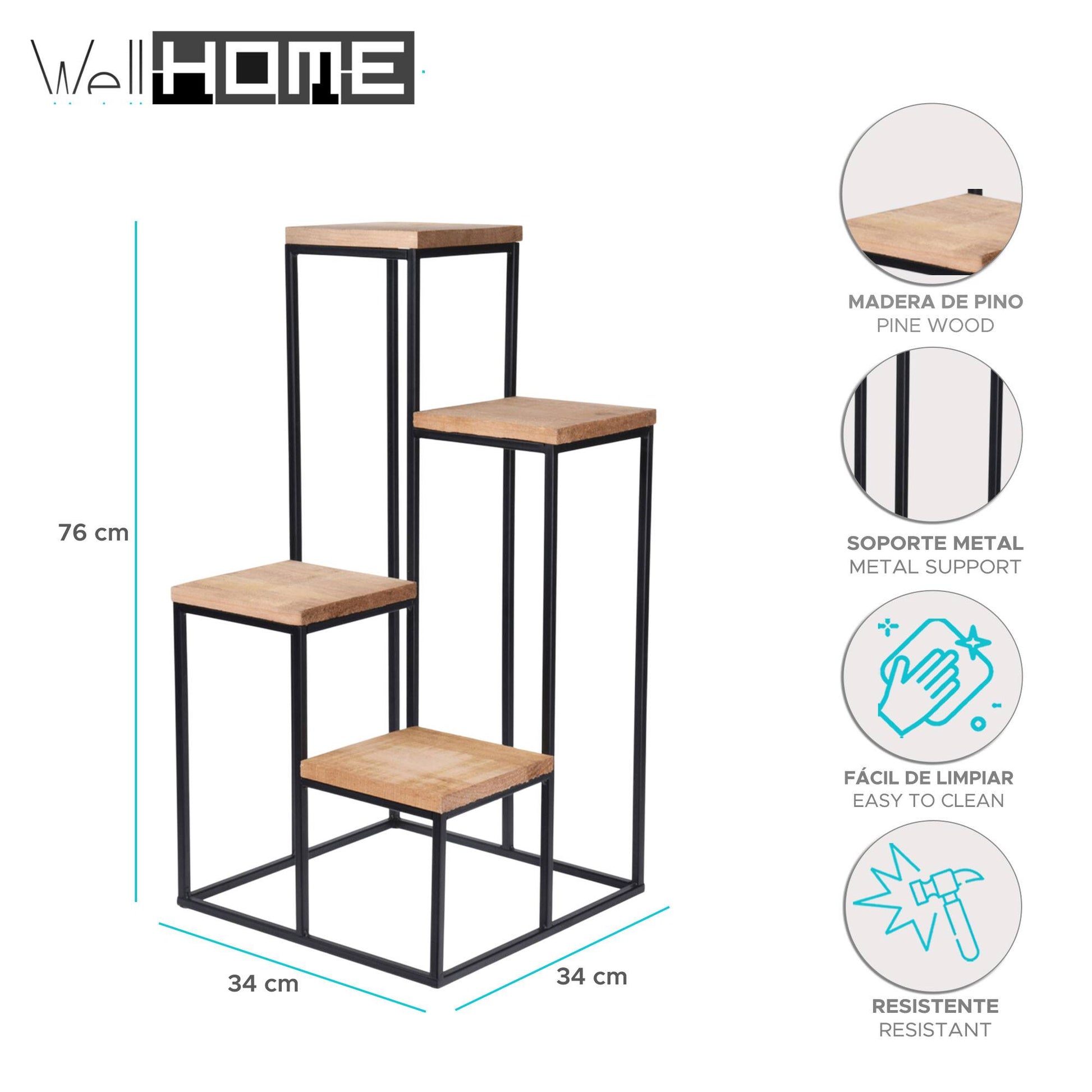 Well Home Estantería Florero De Metal Con 4 Estantes En Madera 34x34x76cm