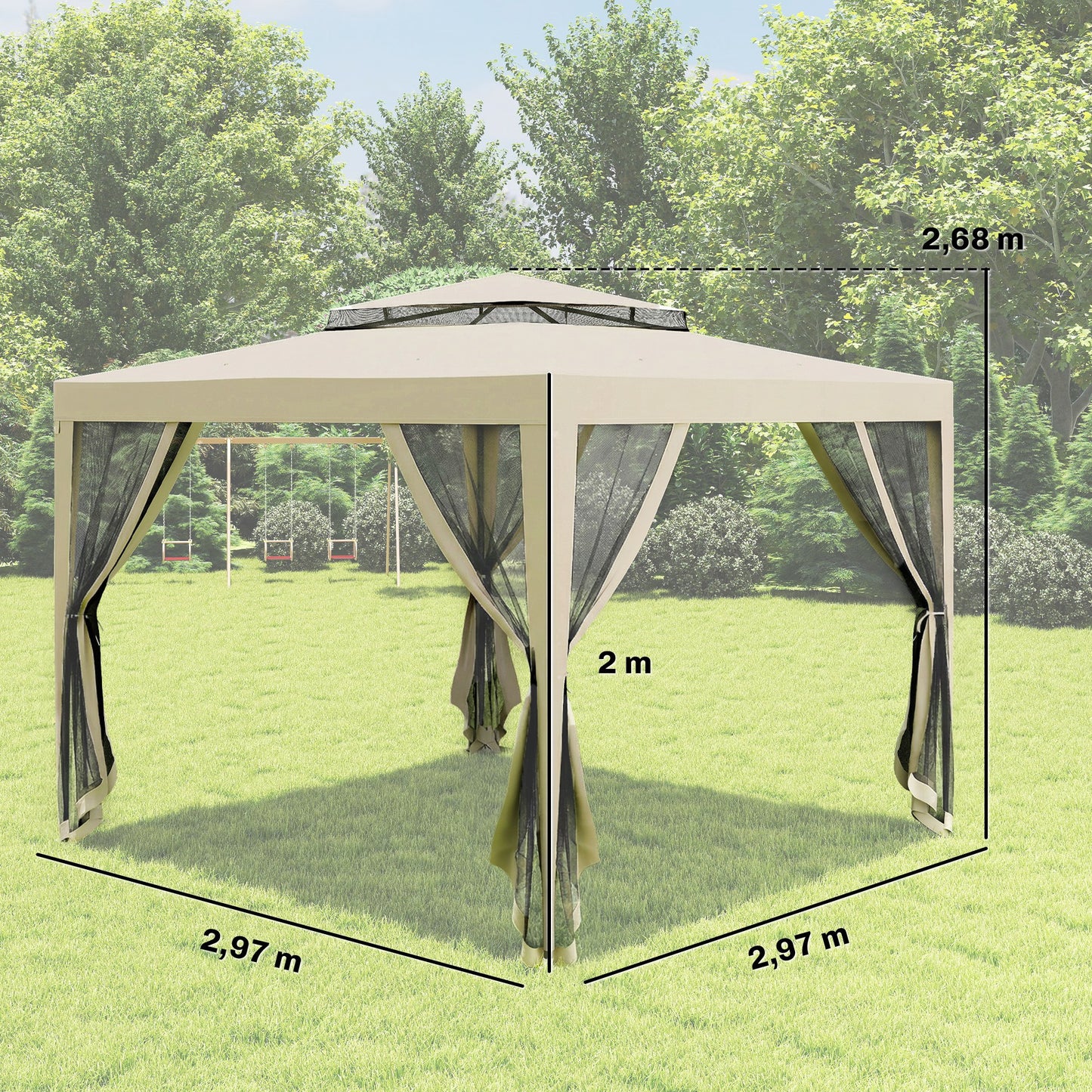 Outsunny Carpa De Jardín 3x3 M Con 4 Mosquiteras Laterales Techo Doble Beige_2