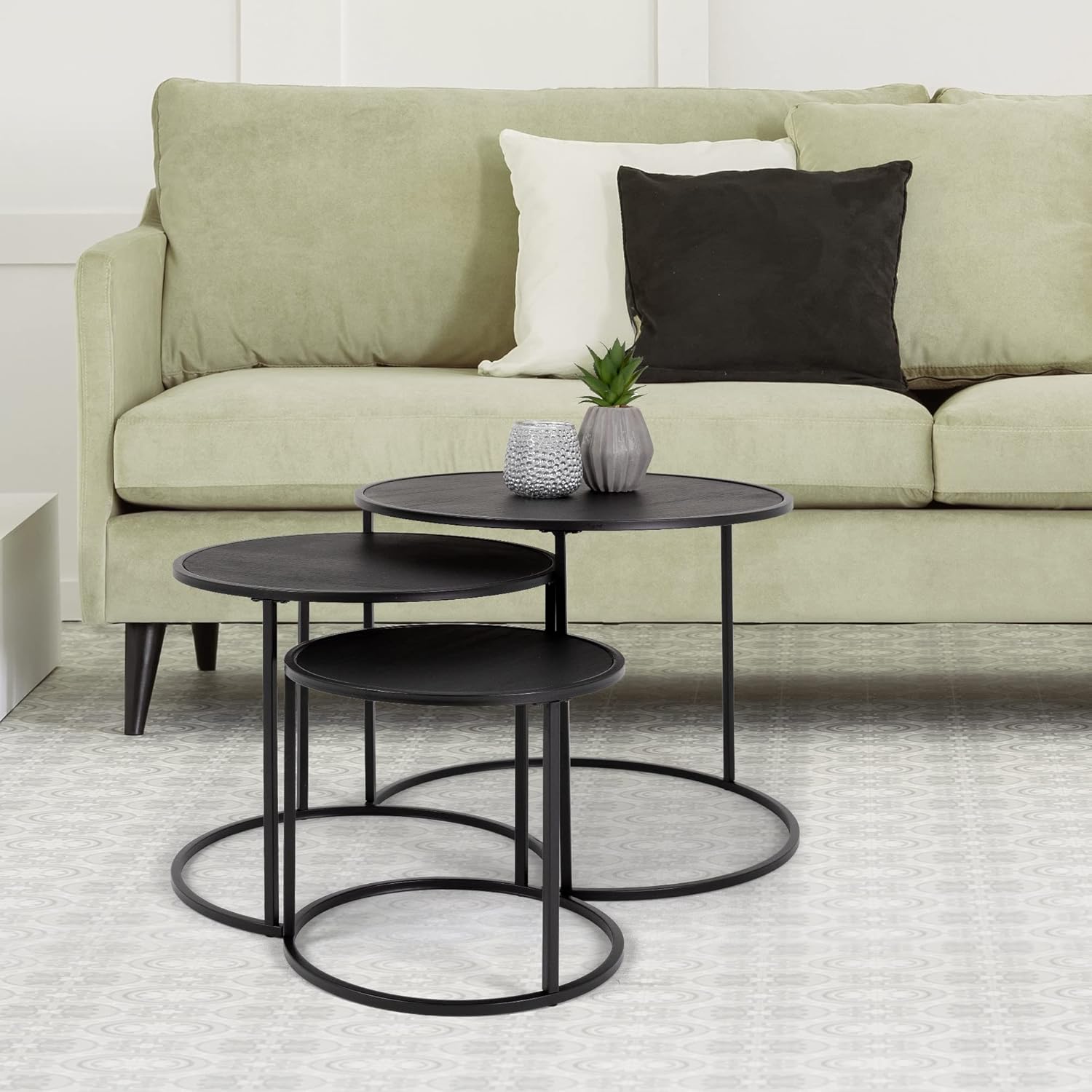 Well Home Juego De 3 Mesas Nido En Metal Melamina Color Negro Ø35ø45ø55cm