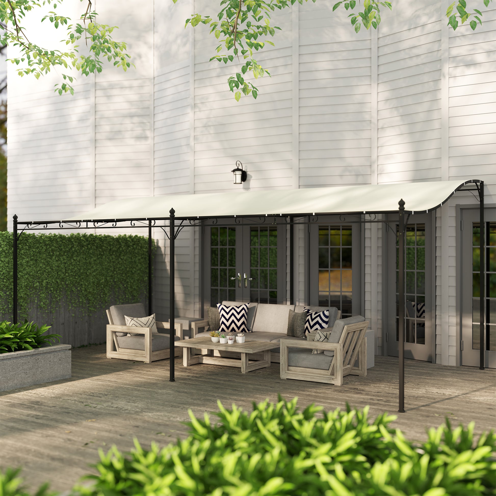 Outsunny Pérgola De Pared 3x6 M Con Techo Inclinado Estructura Metálica Crema_4