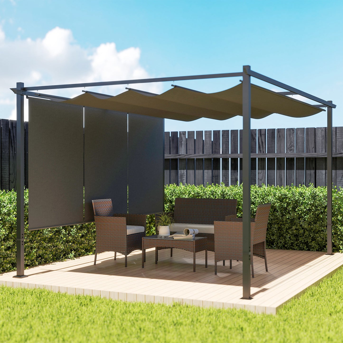 Outsunny Pérgola De Jardín 4x3 M Con Techo Retráctil Y 3 Laterales Enrollables_1