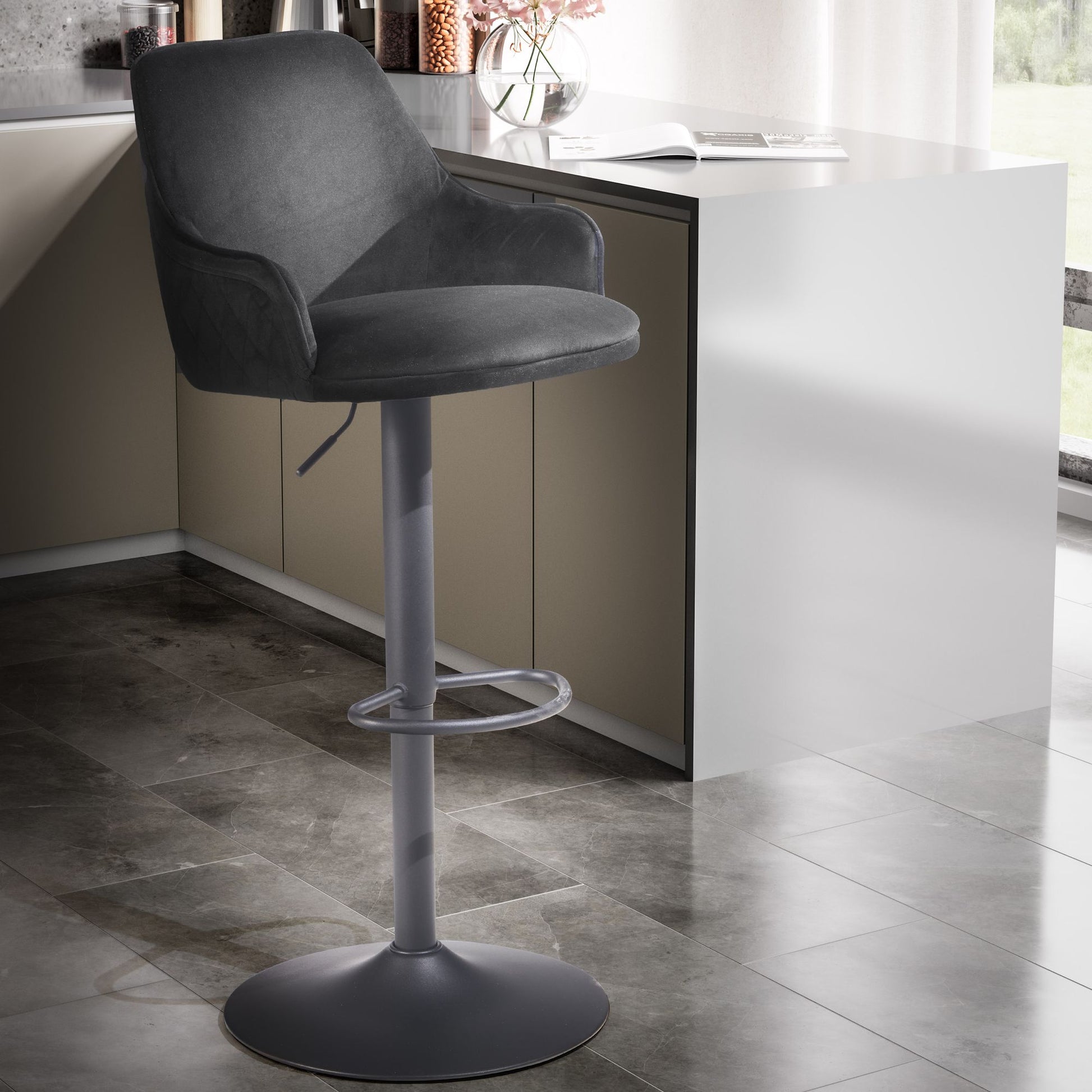 Taburete De Bar, Terciopelo Negro Con Respaldo 86 - 106 Cm_1