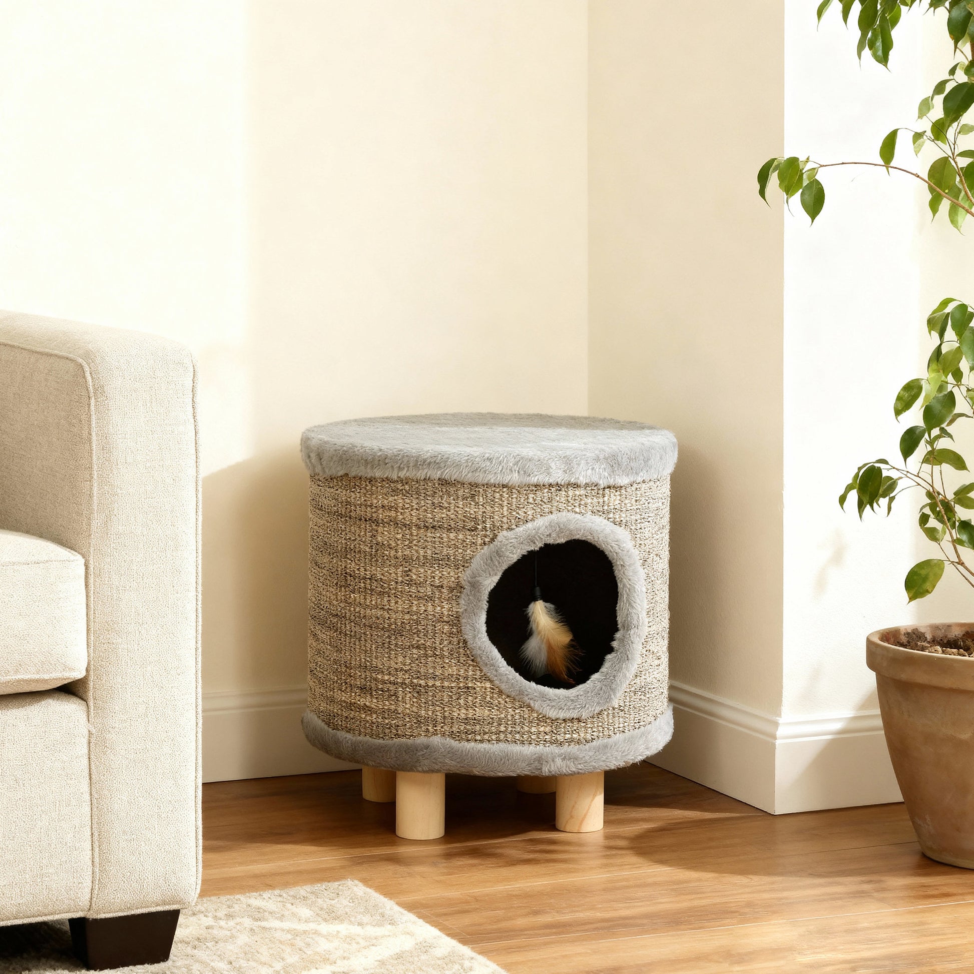 Pawhut Casa Para Gatos 3 En 1 Taburete Reposapiés 36x36x38 Cm Gris_1