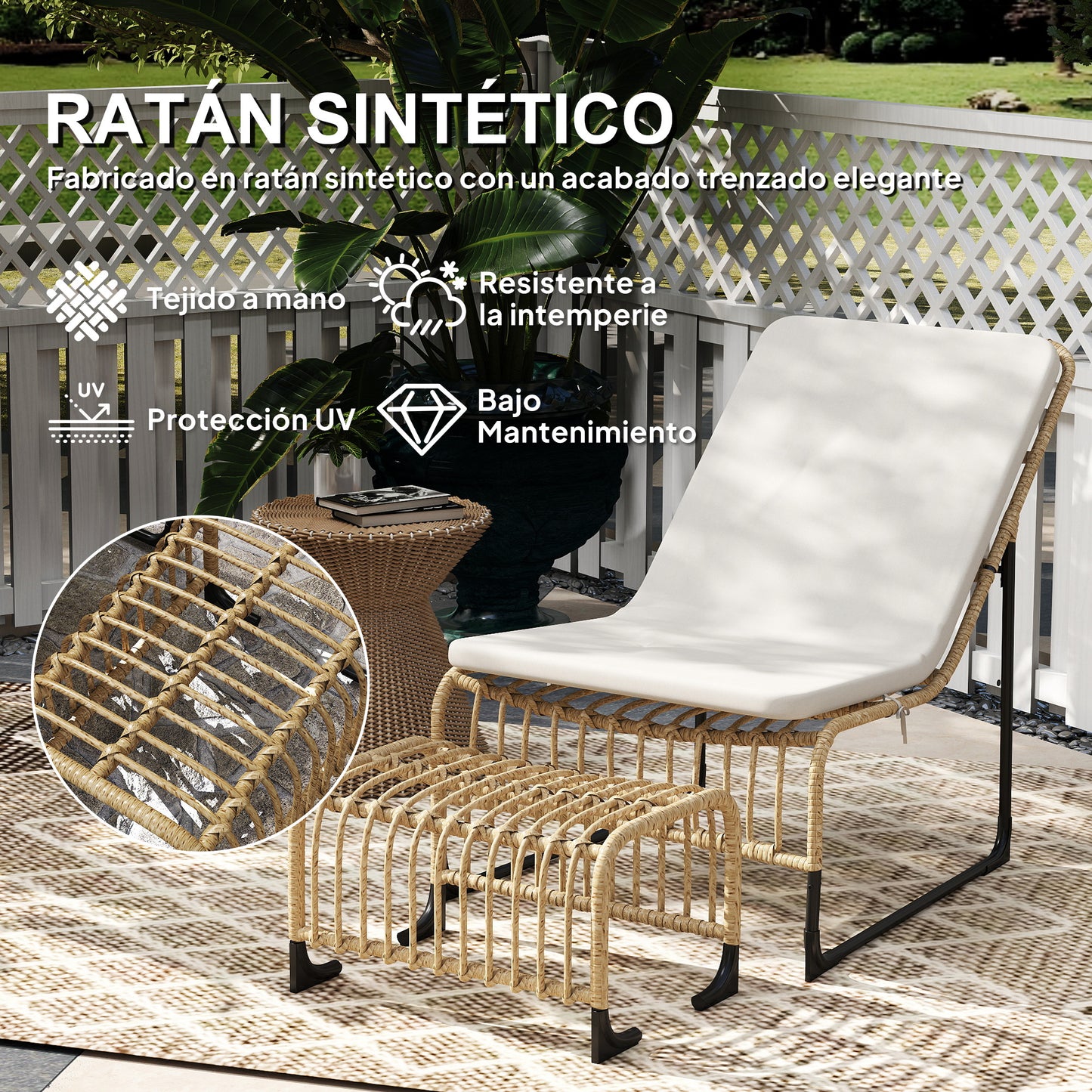 Outsunny Conjunto De Sillón De Jardín Con Reposapiés De Ratán Sintético Beige_3
