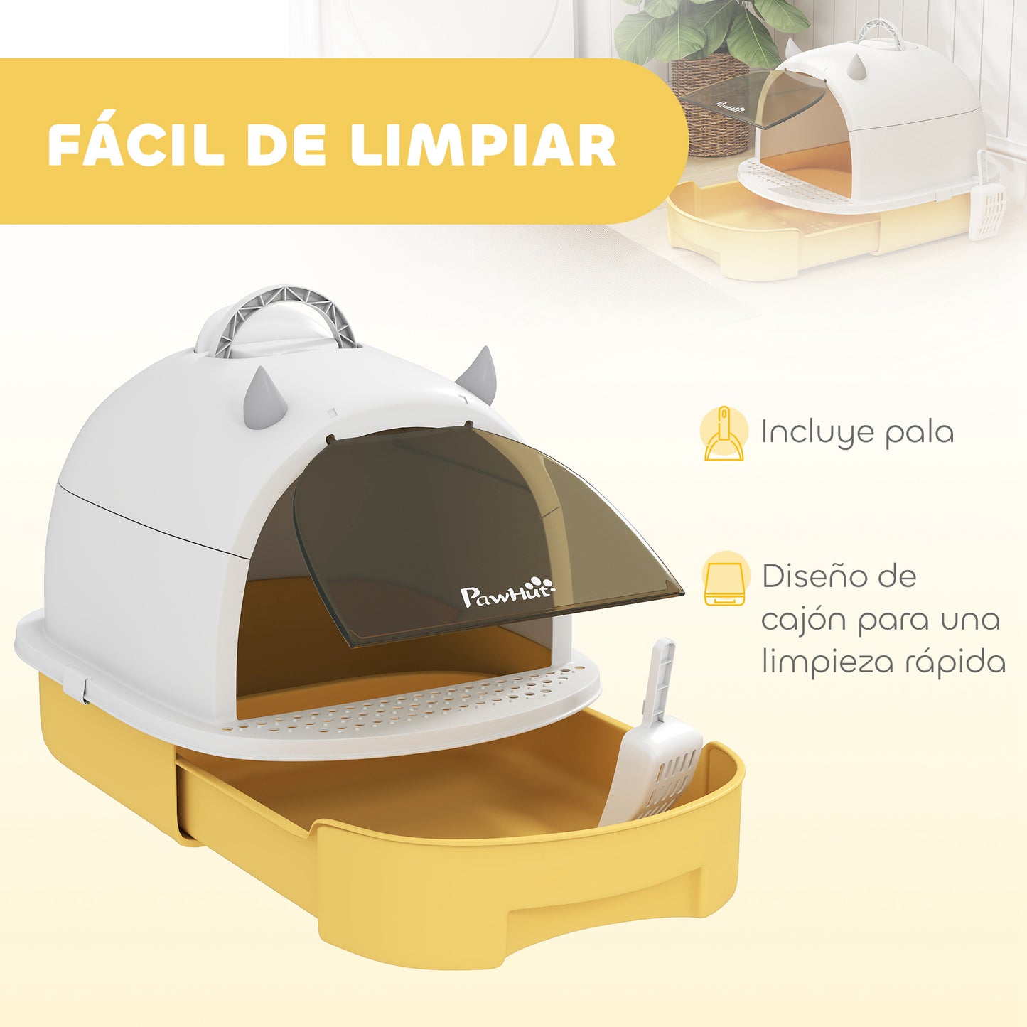 Pawhut Arenero Para Gatos Cubierto Con Bandeja Pala Y Asa Amarillo Y Blanco_4