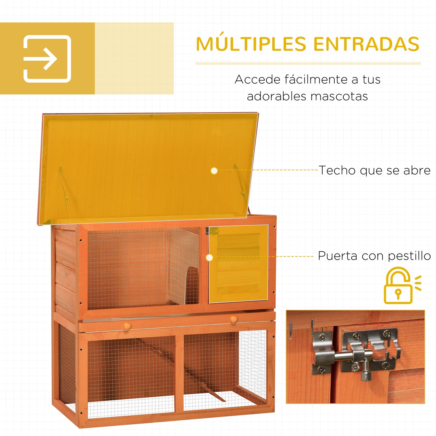Pawhut Conejera Madera Jaula Para Conejo 2 Pisos Con Techo Abatible Y Bandeja_4