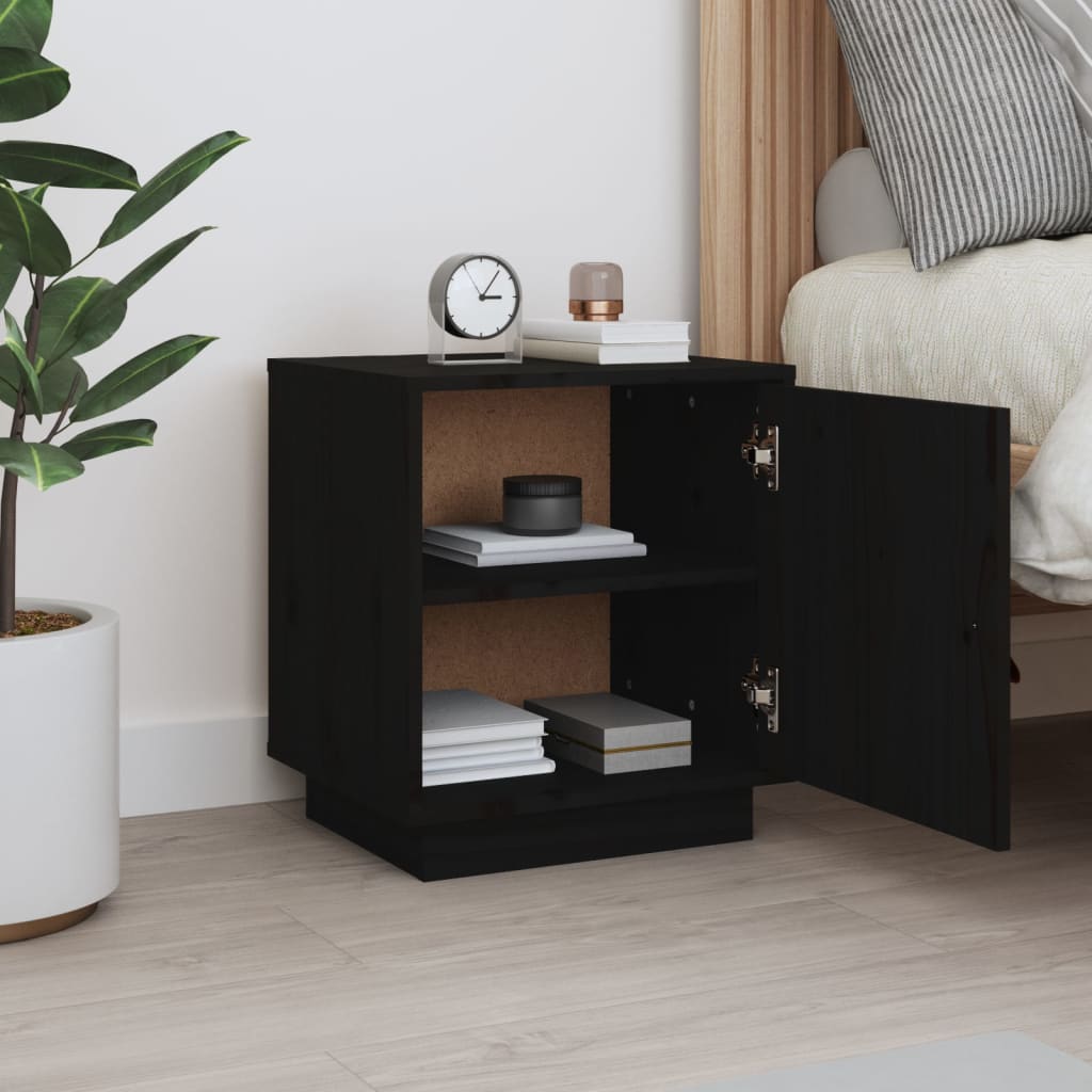 Mesita De Noche Madera Maciza De Pino Negro 40x34x45 Cm_1