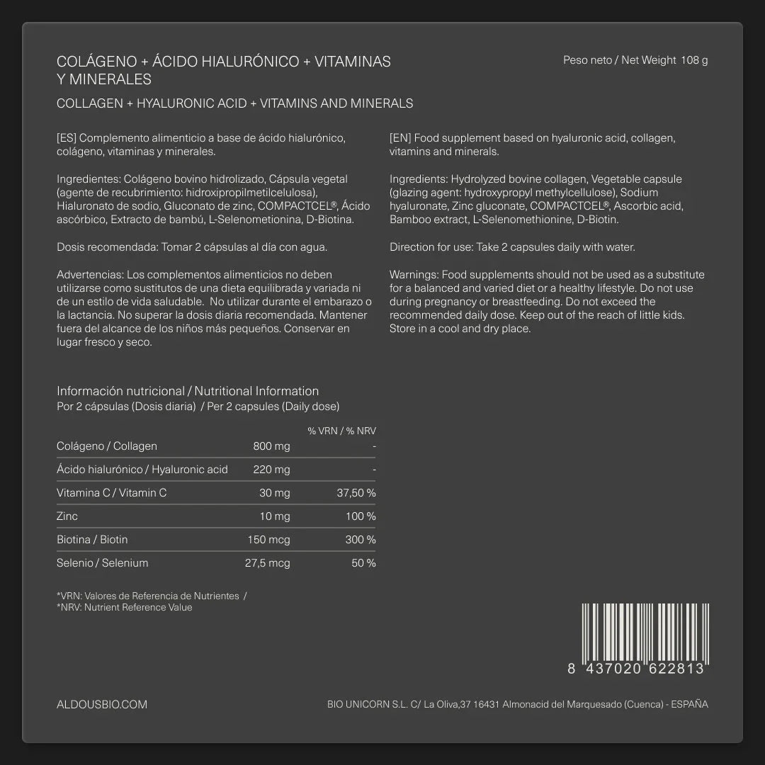 Ácido Hialurónico con Colágeno, Biotina, Vitaminas y Minerales Aldous 150 cápsulas