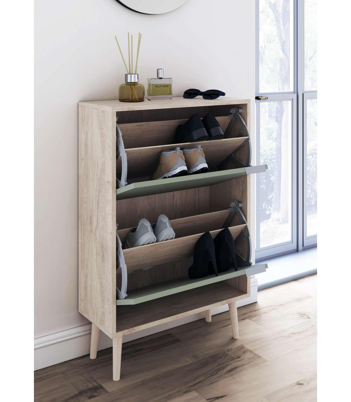 Zapatero 2 Trampones Modelo 527 Acabado Roble Claro/verde, 92x60x25 (alto X Ancho X Fondo)_2