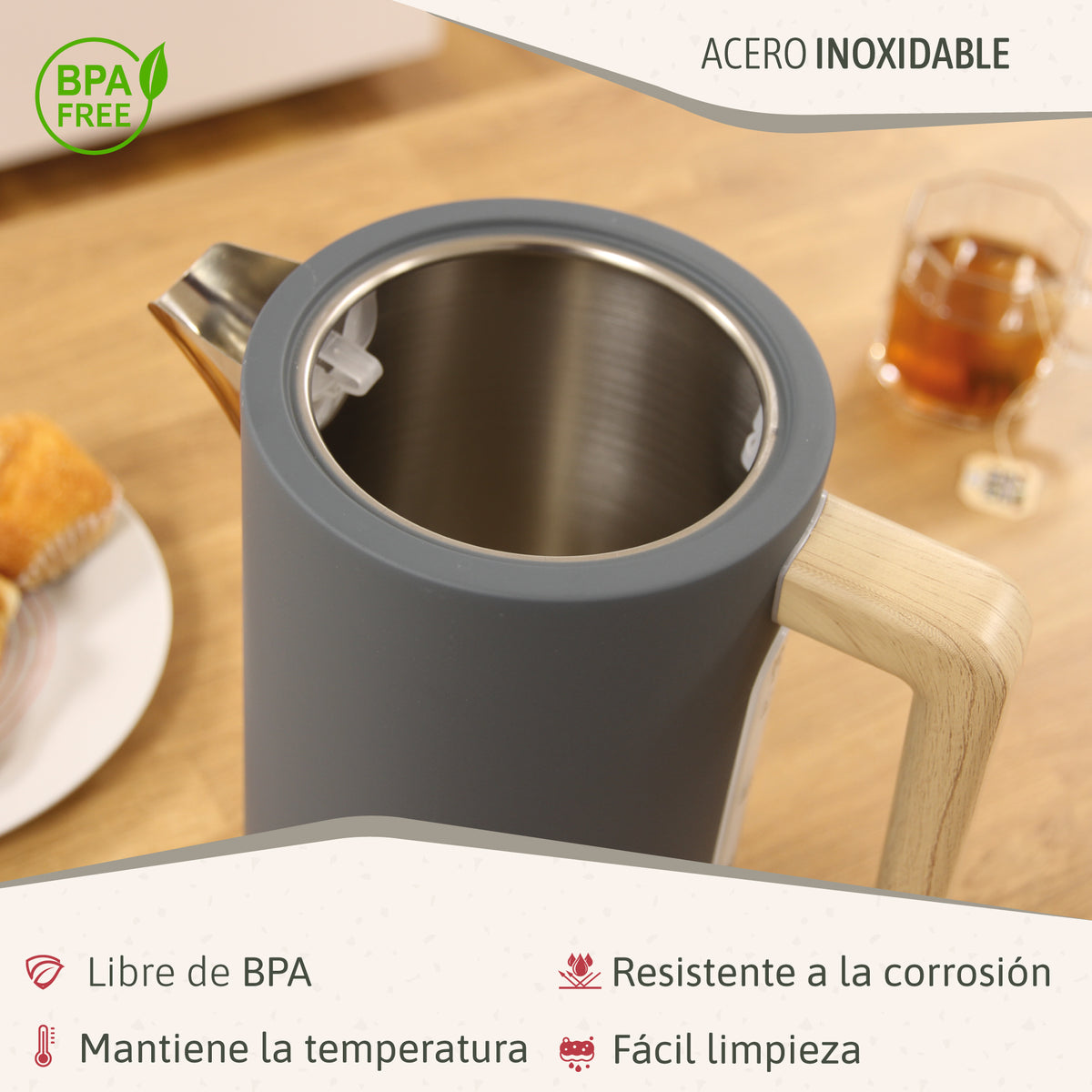 Briebe Nordic Set Tostadora Pan Ranura Ancha 2 Rebanadas + Hervidor Agua Eléctrico 1,7l Inalámbrico, Skt1167gry, Gris_5