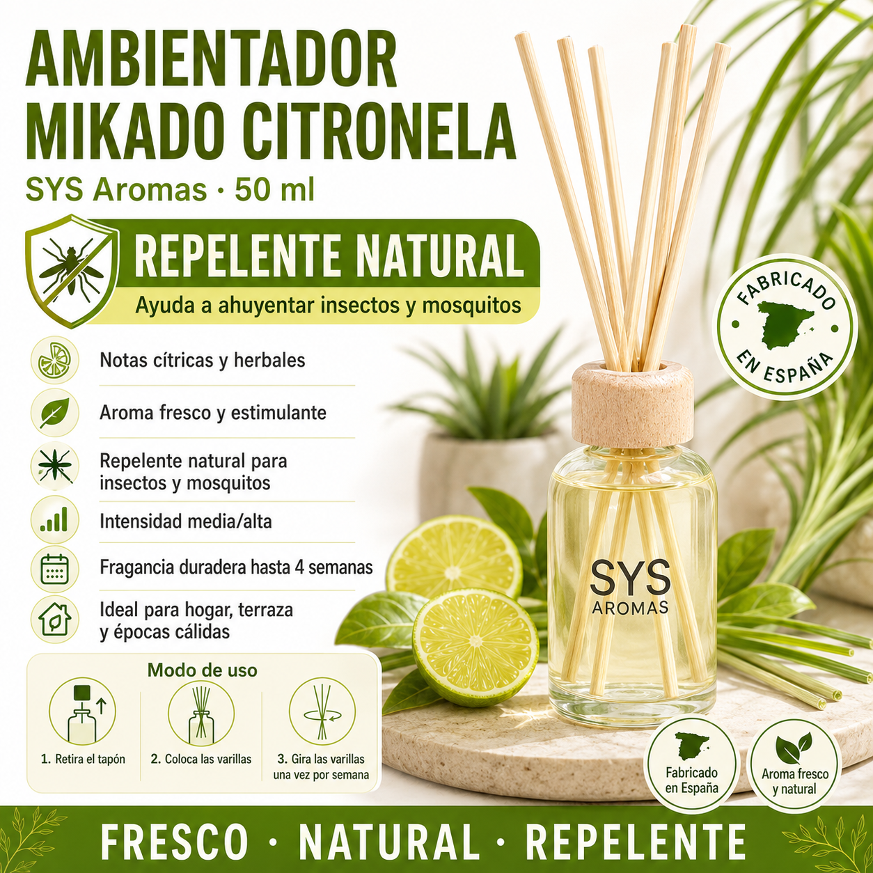 Mikado Citronela 50 ml | Aroma Natural Repelente Antimosquitos | Ambiente Fresco y Protegido | SYS Aromas_3