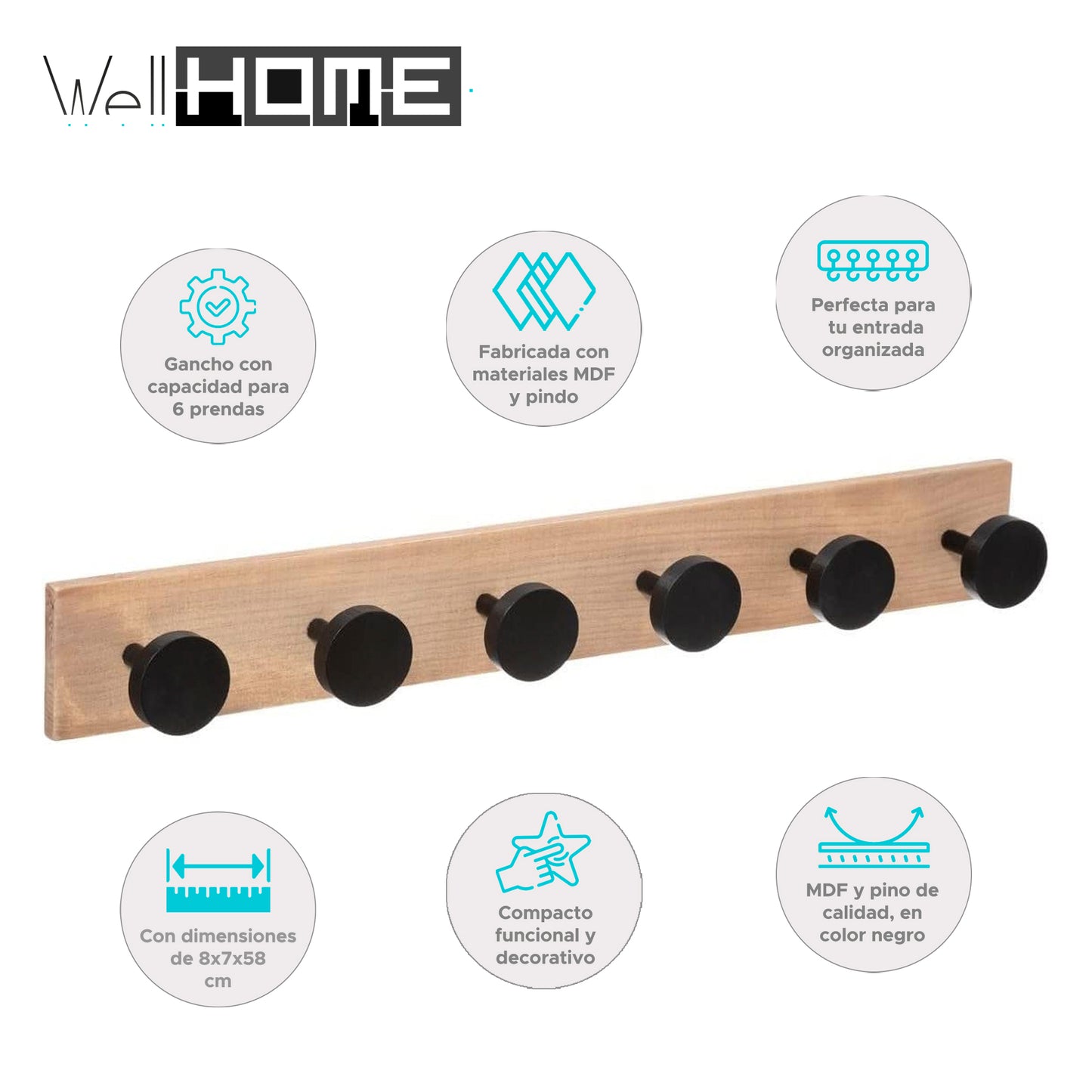 Wellhome Perchero Madera 6 Ganchos Para Abrigos_1