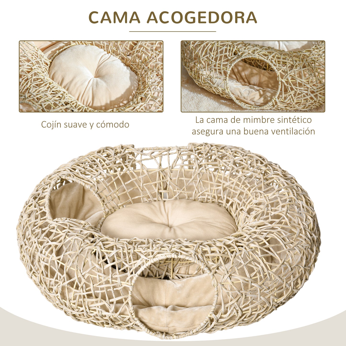 Pawhut Cama Para Gatos De Ratán 78x69x22cm Cesta Para Gatos Rolliza Cojín Suave_4