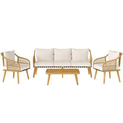 Outsunny Conjunto Jardín Exterior De Ratán Con Cojines Patas De Madera De Acacia_0