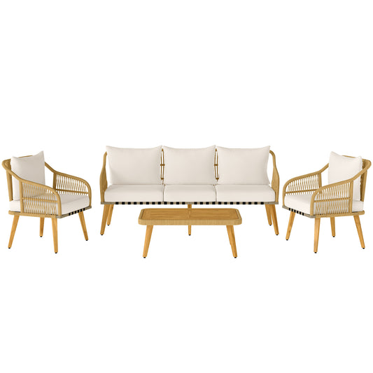 Outsunny Conjunto Jardín Exterior De Ratán Con Cojines Patas De Madera De Acacia_0