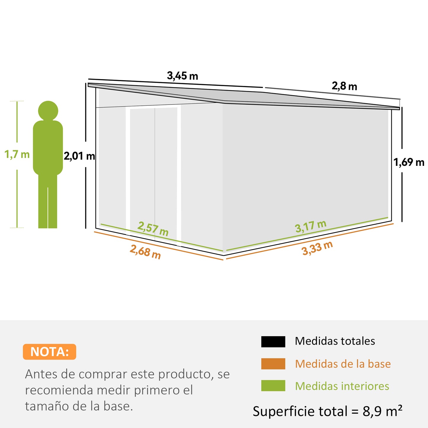 Outsunny Cobertizo De Jardín Con Puerta Y 2 Ventanas 8,9 M² 280x345x201 Cm Gris_2