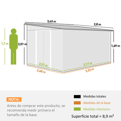 Outsunny Cobertizo De Jardín Con Puerta Y 2 Ventanas 8,9 M² 280x345x201 Cm Gris_2