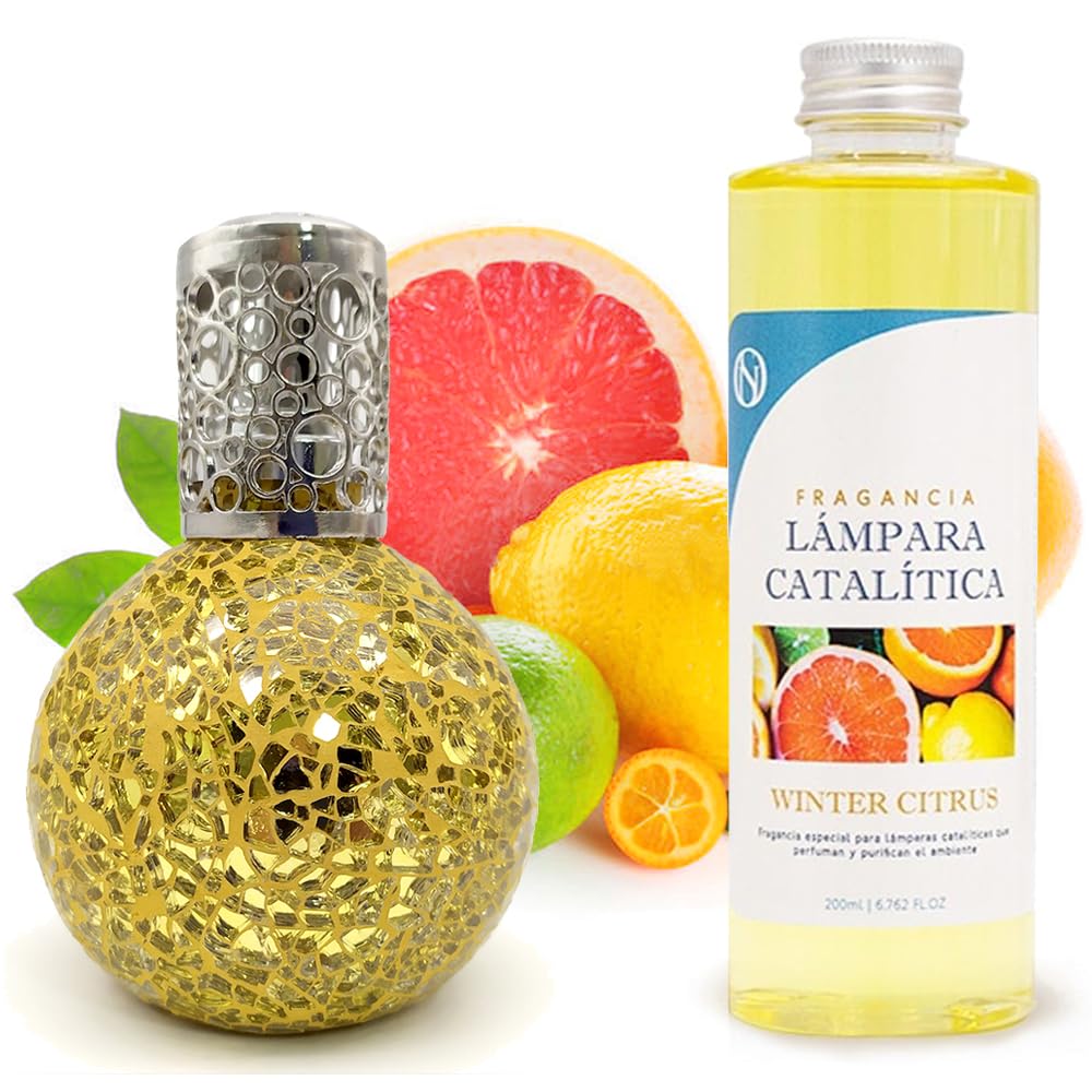 Lámpara Catalítica Mosaico Dorado + Aroma Winter Citrus 500ml - Elimina Malos Olores, Impurezas Y Perfuma_0