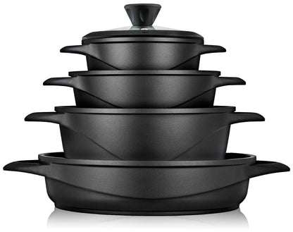 Batería De Cocina Inducción 8 Piezas Aluminio Fundido 4 Ollas Con Tapa De Cristal Antiadherente, Briebe, Mgk-17s, Negro