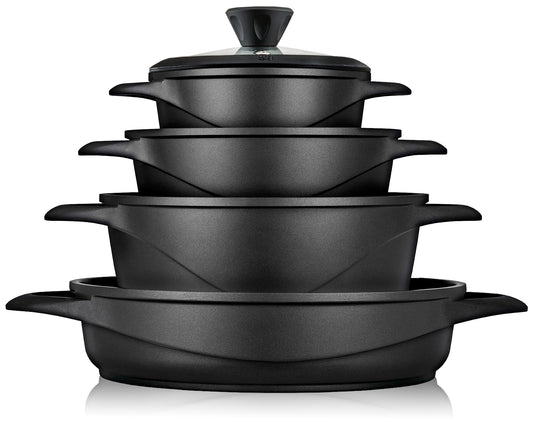 Batería De Cocina Inducción 8 Piezas Aluminio Fundido 4 Ollas Con Tapa De Cristal Antiadherente, Briebe, Mgk-17s, Negro