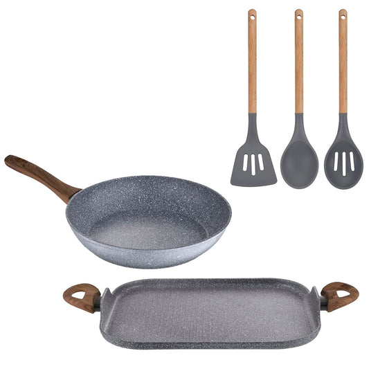 Juego De Sarten Con Asador Grill De 26 Cm Y 35,5x28,3 Cm En Aluminio Forjado Y Set De 3 Utensilios De Cocina San Ignacio_0