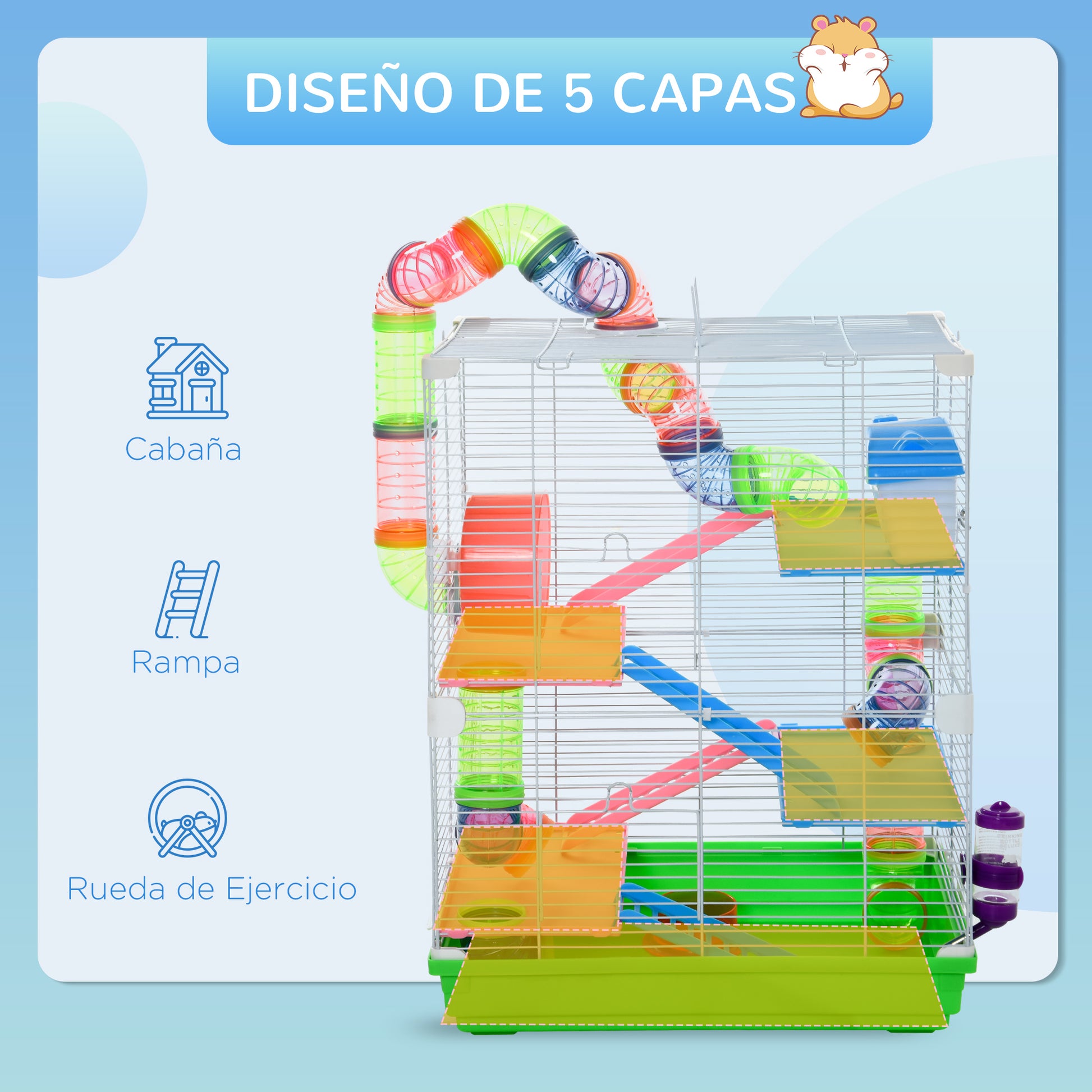 Pawhut Jaula Hámster Chalé Para Roedores Con Tubo Rueda Bebedero_5