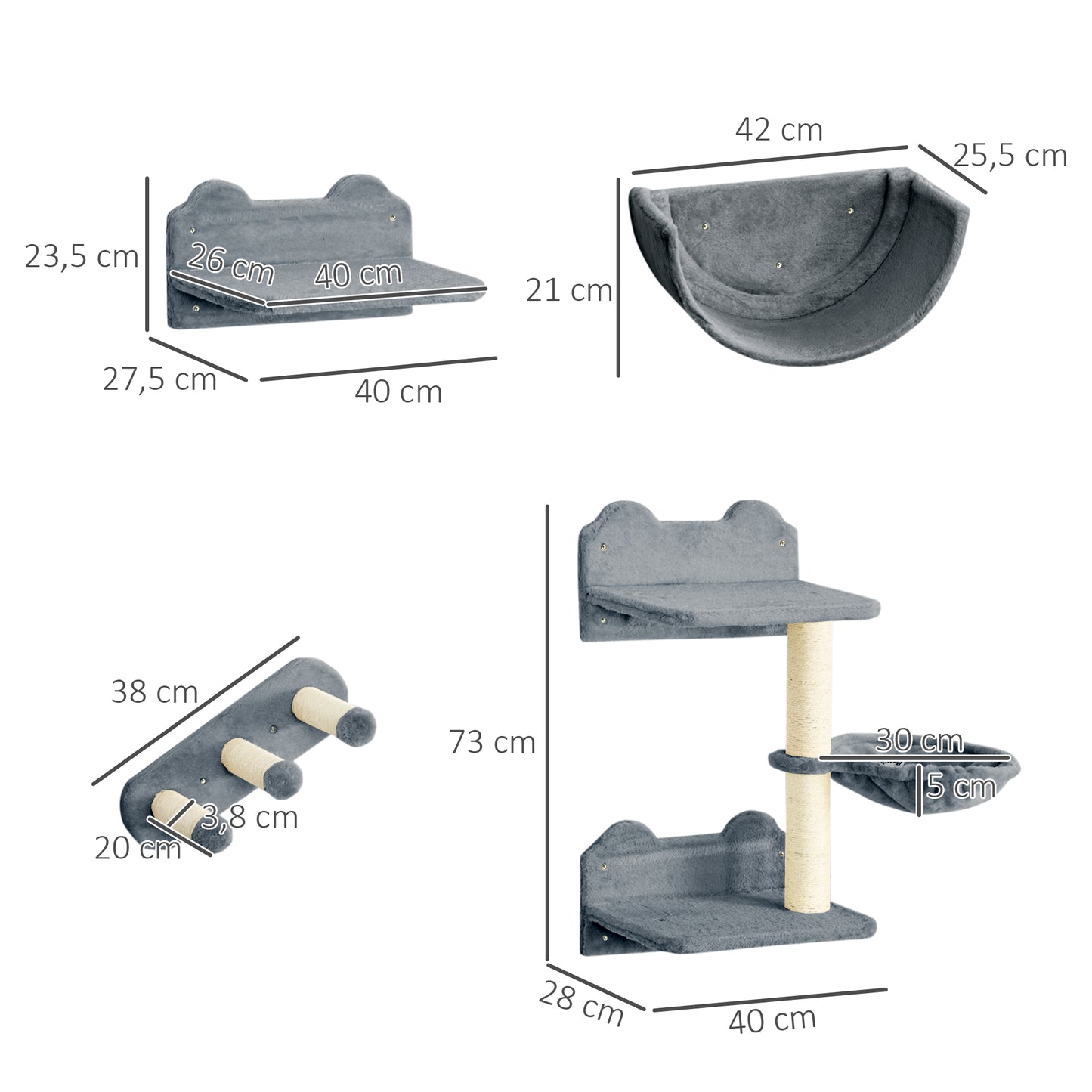 Pawhut Estante De Escalada Para Gatos De Pared Con Hamaca Nido Plataformas Gris_2