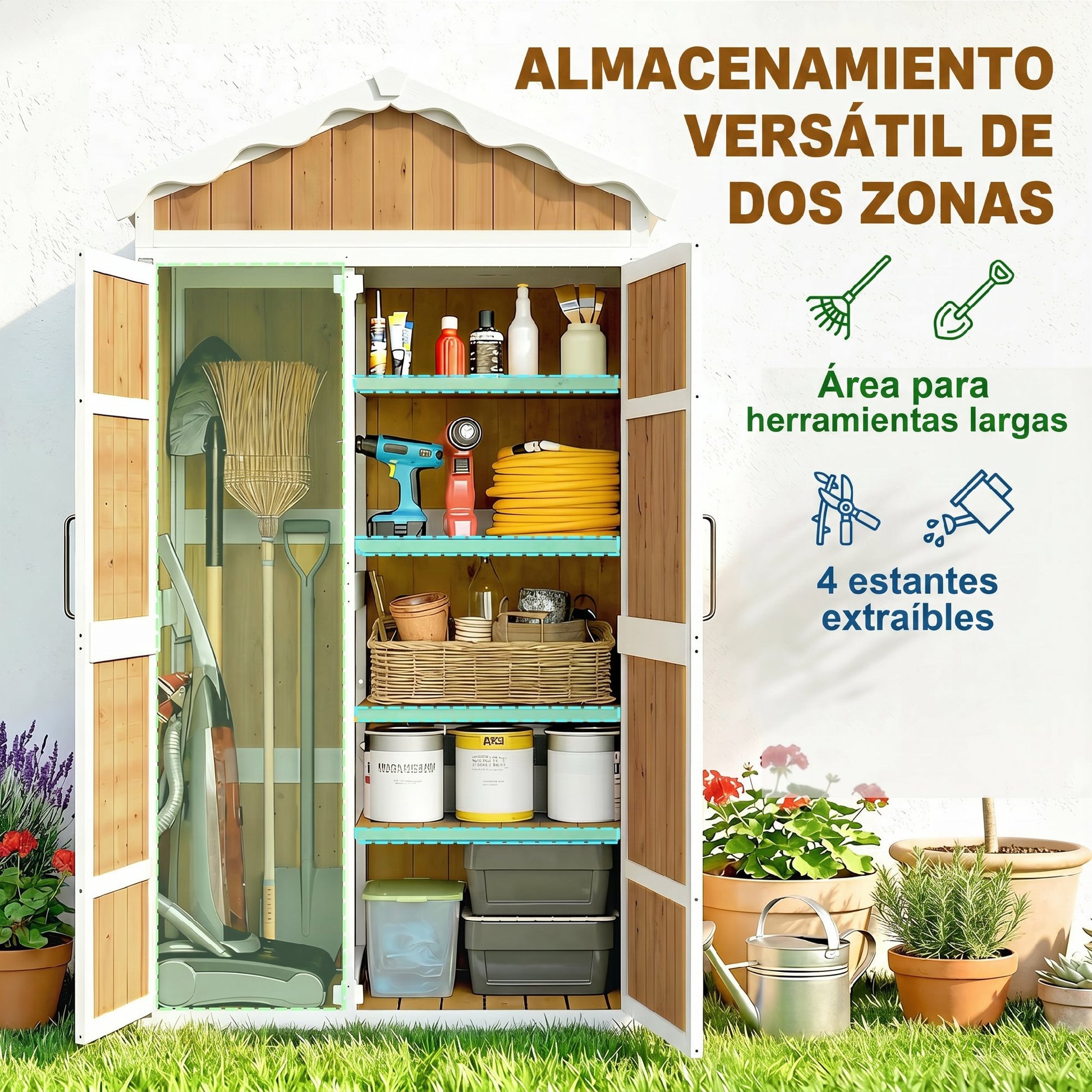 Outsunny Caseta De Jardín De Madera 105x55x179 Cm Con 4 Estantes Extraíbles_3