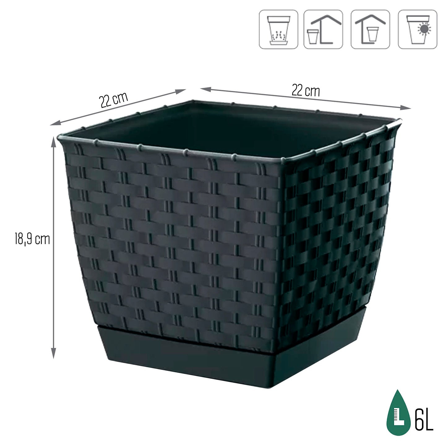 Maceta Ratolla Square 6l., Dimensiones (mm) 220x220x189, Color Antracita_2