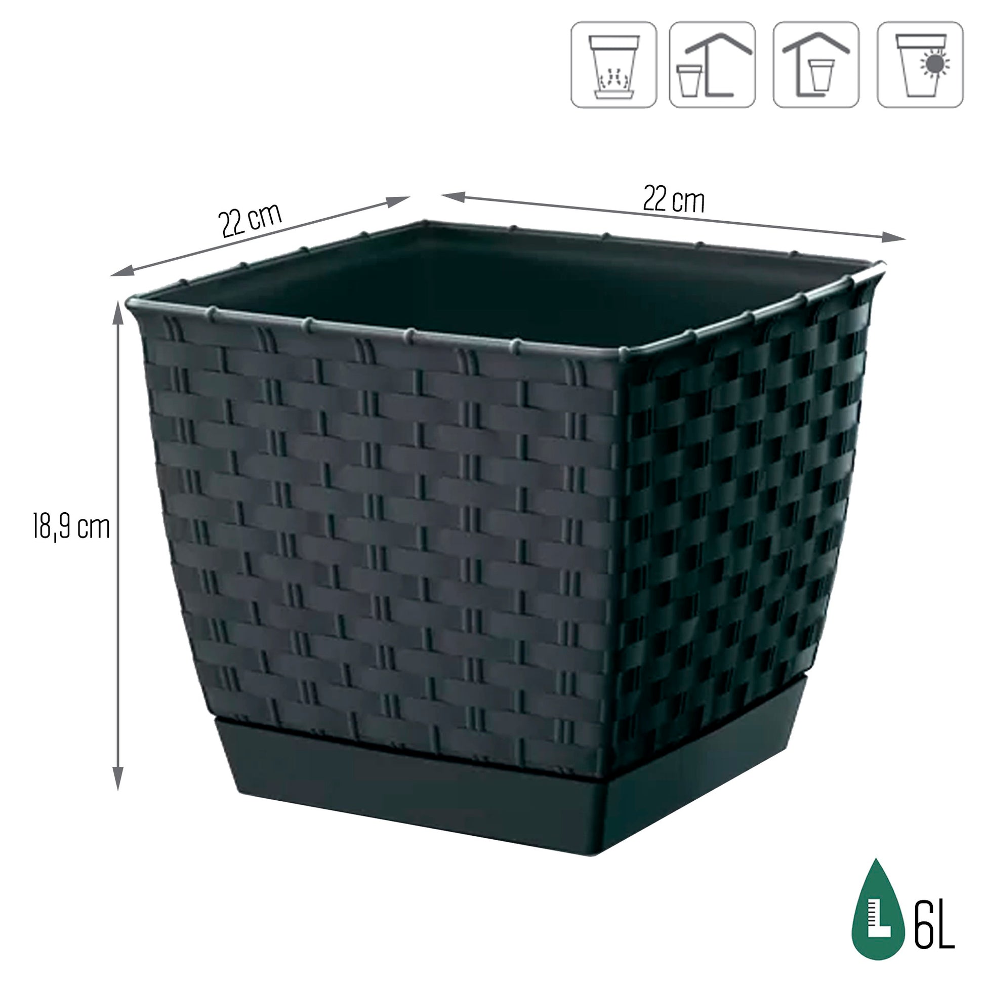 Maceta Ratolla Square 6l., Dimensiones (mm) 220x220x189, Color Antracita_2
