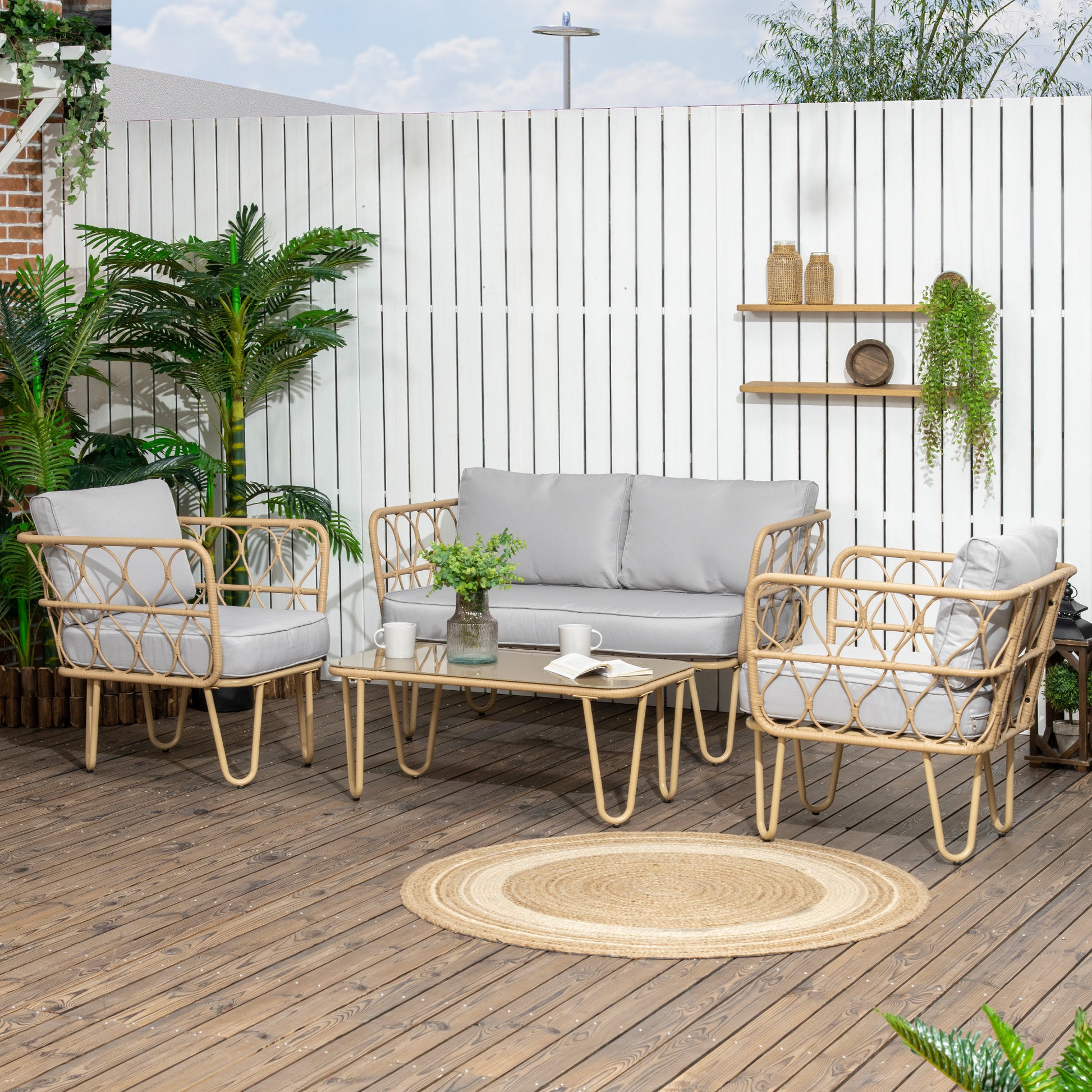 Outsunny Conjunto De Jardín De Ratán Sintético De 4 Piezas Natural Y Gris_1