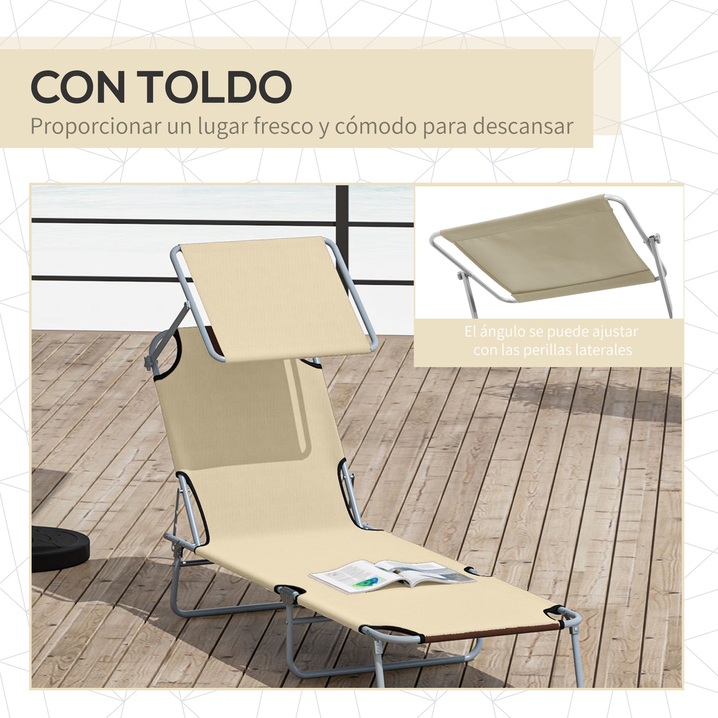 Outsunny Tumbona De Jardín Plegable Con Toldo Desmontable 187x58x36cm Beige_5