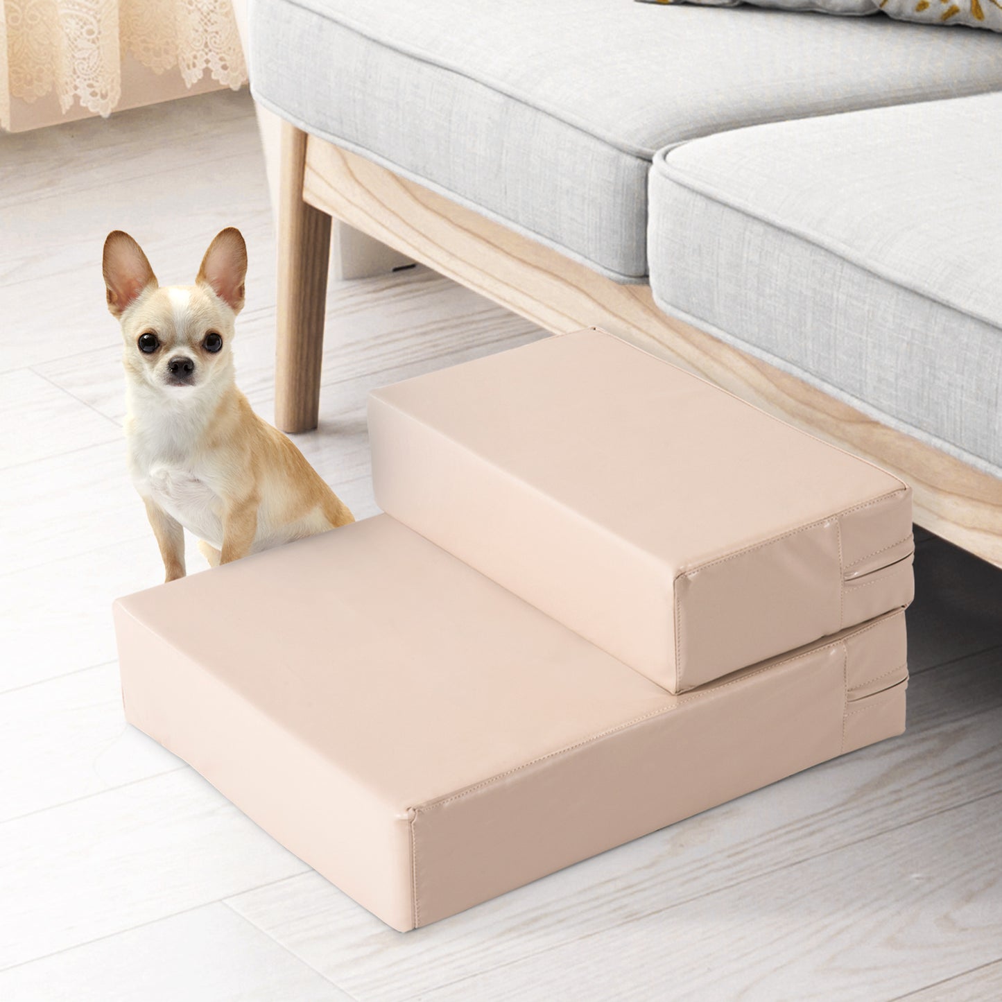 Pawhut Escalera Mascotas 2 Peldaños Cama De Perros Desmontable 45x39x20 Cm Beige_1